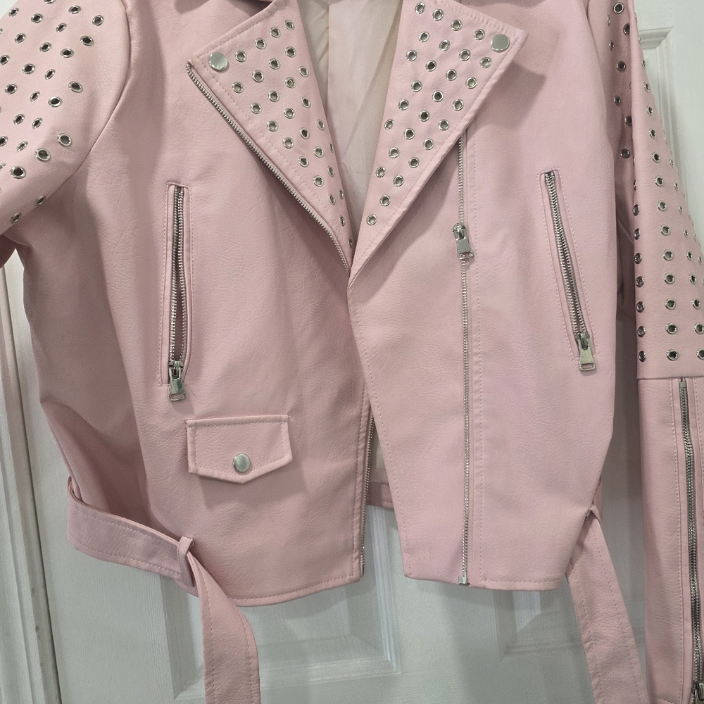 Azalea Wang Plus Rosalita Grommet Pink Faux Leather Moto Jacket Size 1X - Picture 7 of 17